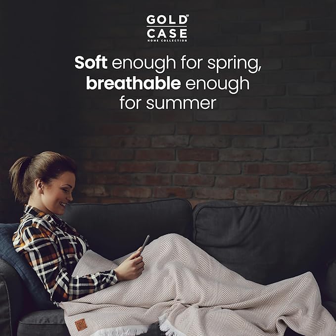 Gold Case Throw Blanket for Couch - 100% Recycled Turkish Cotton Blankets & Throws - Elegant Soft Throw Blankets for Living Room - Boho Decorative Woven Couch Blanket - 60x80 - Beige