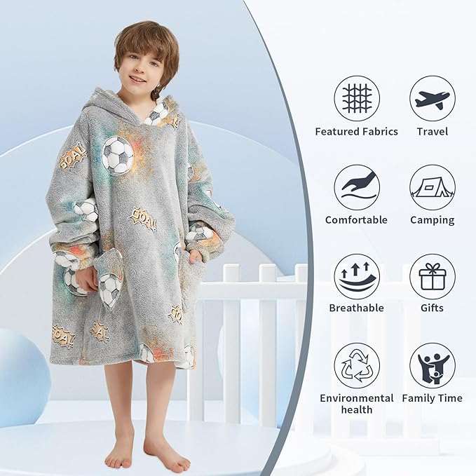 Fiosnow Glow in the Dark Football Blanket Hoodies for Kids 6-13YR Oversize Wearable Blanket Hoodies for Boys Girls Teens