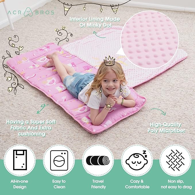 ACRABROS Toddler Nap Mat with Pillow and Blanket, Extra Large Rolled Napping Mats,Slumber Bags for Boys Girls,Kids Sleeping Bag for Daycare, Preschool Travel Camping,Little Princess