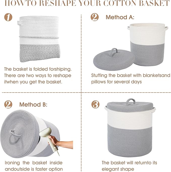 Large Storage Basket with Lid 60L, 16"Wx18"H Woven Laundry Hamper Basket with Handle, Room Decor Cotton Rope Wicker Basket Toy Organizer Bins for Clothes Blankets Pillows, Gray/White Mix includes Lid