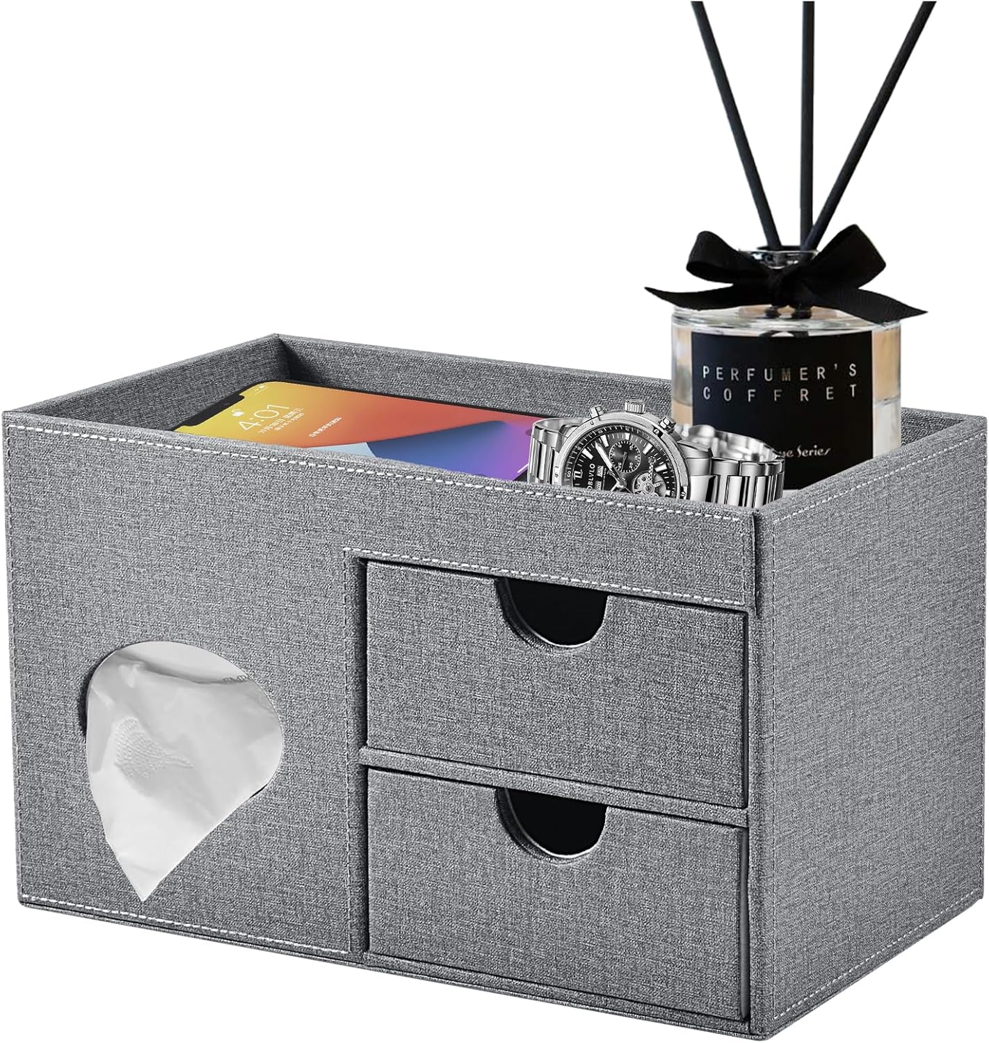 Square Tissue Box Cover with Drawers,Tissue Box Holder with Storage Tray, Makeup Organizer and Desk Organizer,Tissue Holders Decorative for Bathroom Vanity NightStand Dressing Table (Grey)