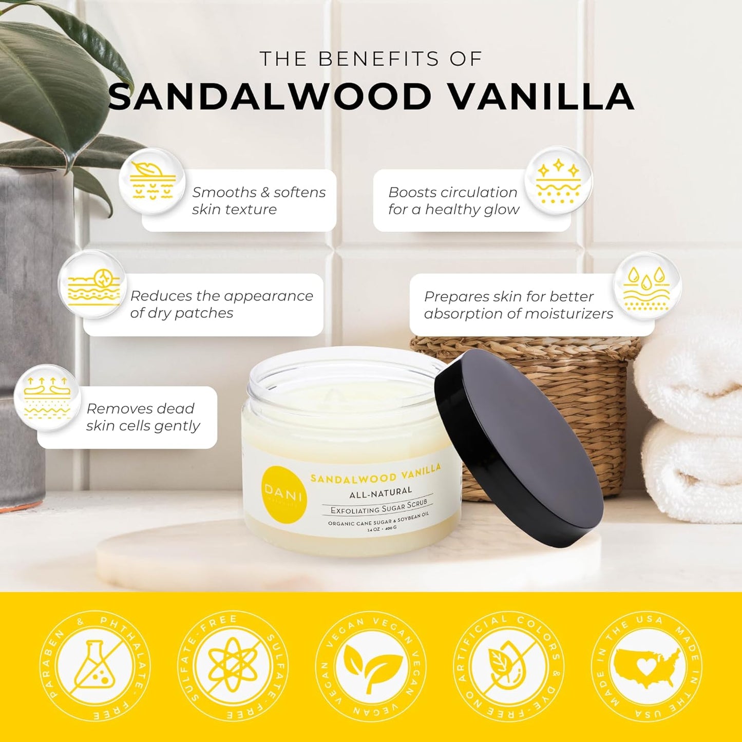 Naturals Exfoliating Sugar Scrub - Warm Sandalwood Vanilla, featuring organic cane sugar and shea butter, gently exfoliates and deeply nourishes for smooth, radiant, and hydrated skin – 14 oz