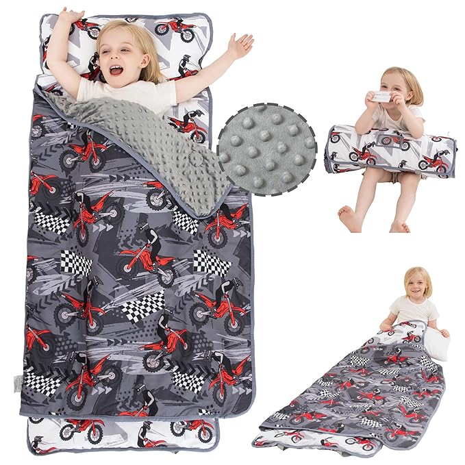 Viviland Toddler Nap Mat with Pillow and Minky Dot Blanket, Rolled Large Sleeping Mat for Boys, Kids Slumber Bag/Nap Mat for Preschool, Daycare, Kindergarten, Travel Camping - Cool Motocycle