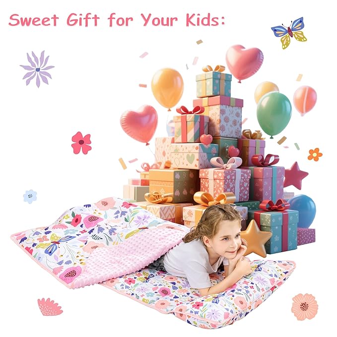 Viviland Toddler Nap Mat, Rolled Sleeping Mats with Pillow and Minky Dot Blanket for Girls, Kids Slumber Bag Nap Mat for Preschool, Daycare, Kindergarten, Travel Camping - Butterfly Garden