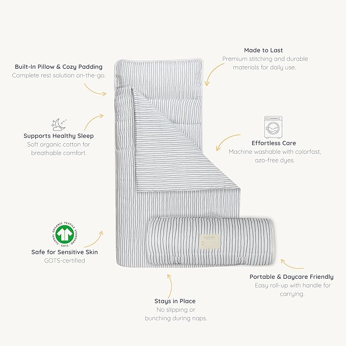 Makemake Organics GOTS Certified Organic Cotton Nap Mat with Detachable Pillow for Kids Soft Sleeping Bag for Toddlers, Boys, Girls - Ideal for Daycare, Preschool, Kindergarten