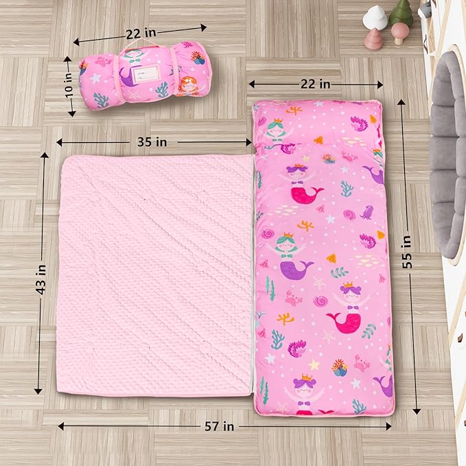 Primlect Toddler Nap Mat Extra Large Thickened 55''x35'', Soft Sleeping Bag with Detachable Minky Blanket and Pillow, Portable for Daycare, Preschool, Kindergarten, Travel, Boys and Girls