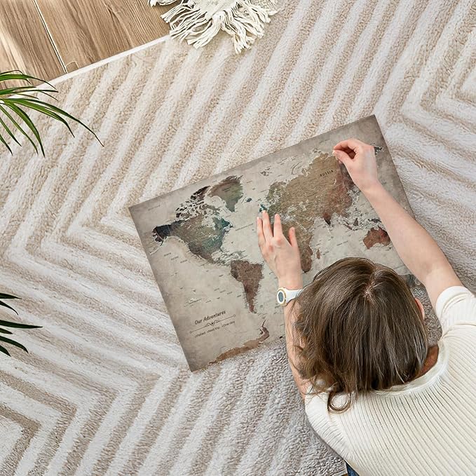 ElephantStock - Our Adventures World Map With Push Pin Iii Wall Art - Horizontal Canvas Wall Art - Living Room Wall Decor - Printmaking Map Canvas Art - Beige And Brown Decor - 24" x 16"