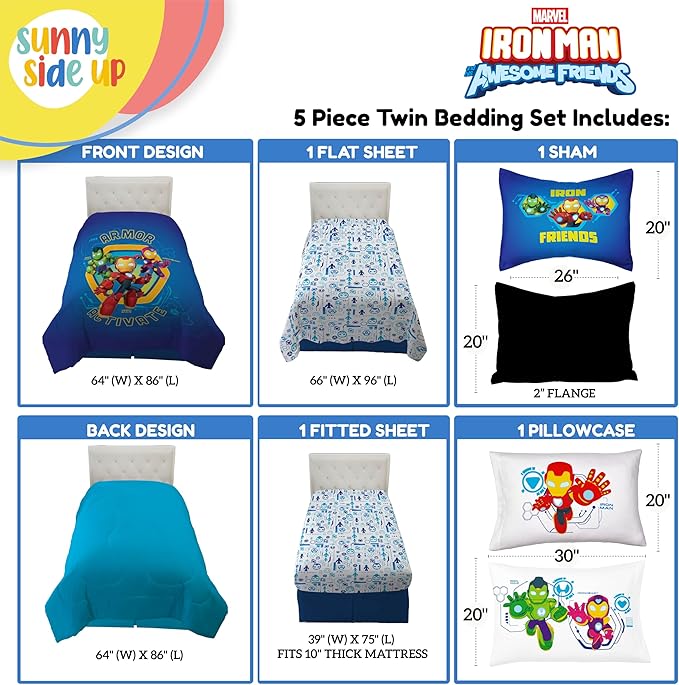 Sunny Side Up Kids Comforter Set Includes Sheets and Pillow Covers - Soft and Cozy Bed Set for Stylish Room Decor, Blue - Iron Man and His Awesome Friends, 5 Piece Twin Size Bedding