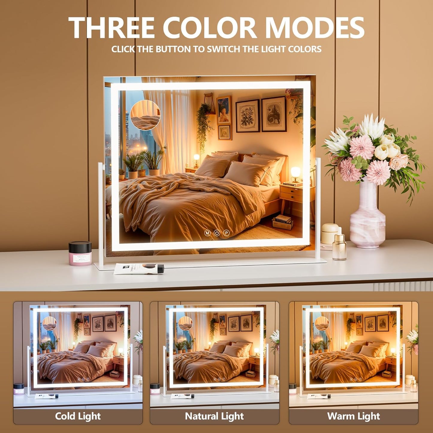 Vanity Mirror with Lights, 34'' x 26'' Lighted Makeup Mirror, Touch Screen with 3-Color Lighting, Dimmable for Vanity Desk Tabletop Square White