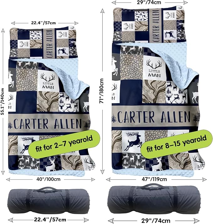 Personalized Toddler Nap Mats for Preschool, Custom Name Kids Sleeping Bag for Daycare, Roll Up Sleeping Mat with Removable Pillow and Soft Dot Minky Blanke for Boys Camping Travel