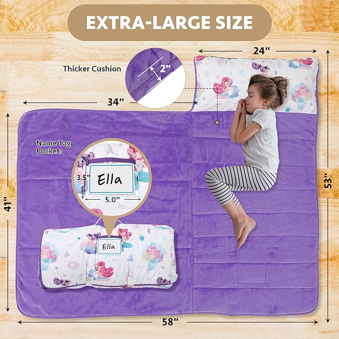 Toddler Nap Mat with Detachable Pillow & Blanket - Soft Plush Minky Fleece Kids Sleeping Bag for Daycare, Preschool & Travel - Portable Roll-Up Design with Carry Handle - Boys Girls Ages 3+