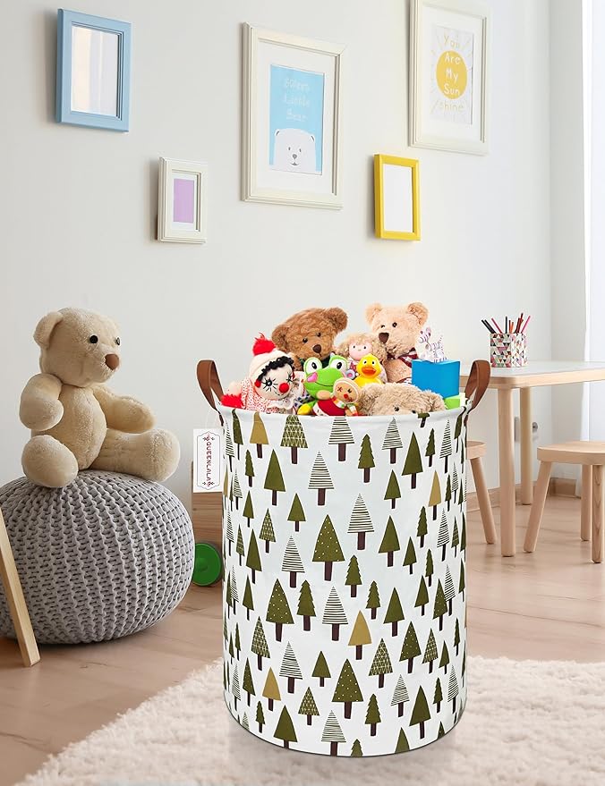 QUEENLALA Large Storage Basket,Laundry Hamper/Bathroom/Home Decor/Collapsible Round Storage Bin,Boys and Girls Hamper/Boxes/Clothing(Green forest)