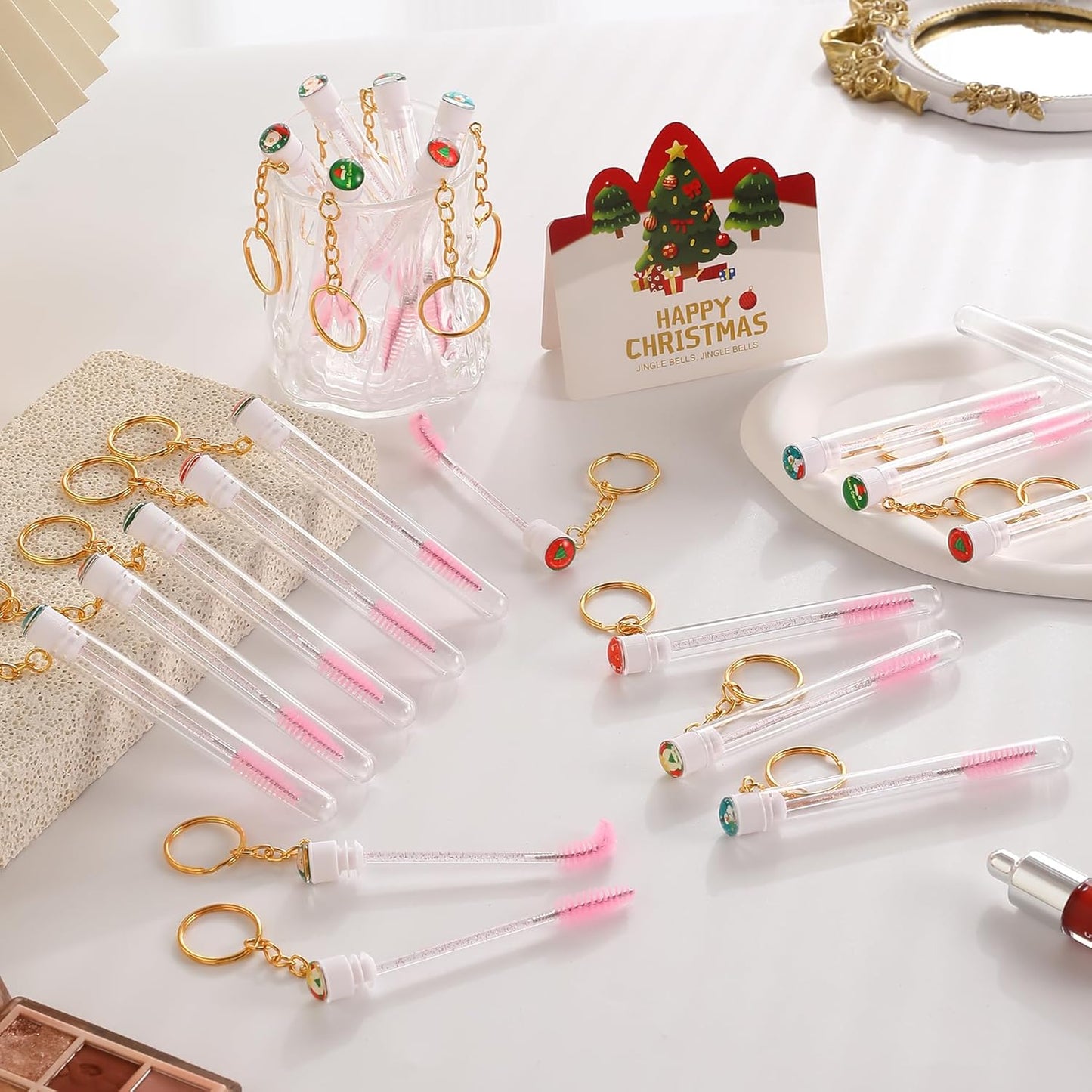 Upgrade 48 Pieces Disposable Mascara Wands Set, Include 24 Pcs Crystal Lash Spoolies Brush and 24 Pcs Reusable Keychain Christmas Holiday Gift Women Girls Makeup Tools