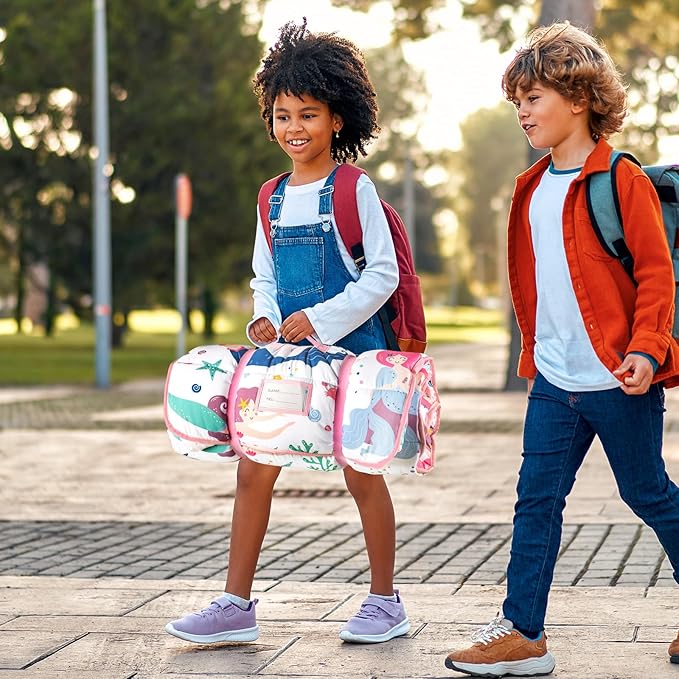 Primlect Thickened Toddler Nap Mat with Removable Pillow and Minky Blanket, Extra Large 55''x35'' Sleeping Bag, Washable, Roll up, Perfect for Daycare, Preschool, Kindergarten, Boys and Girls Mermaid