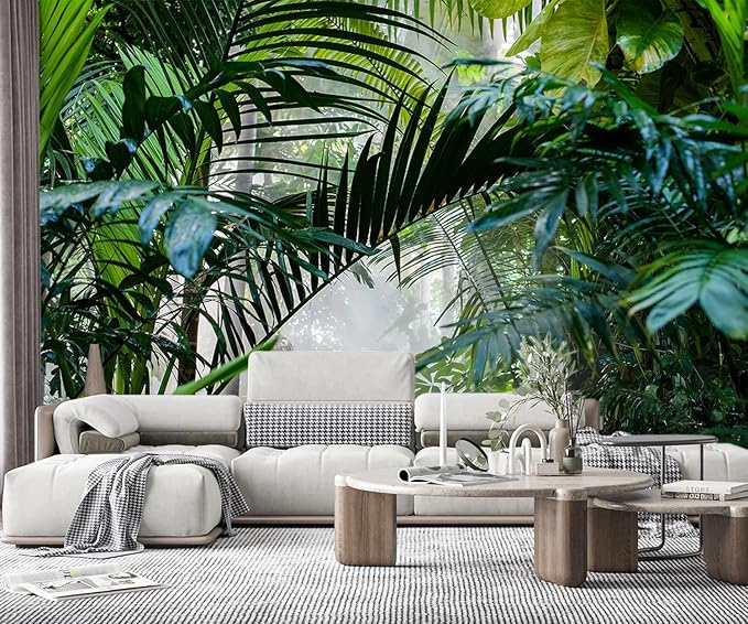 -Rainforest Leaves Fabric Wallpaper Green Trees Mural Bedroom 180" x 115" (Not Peel and Stick)