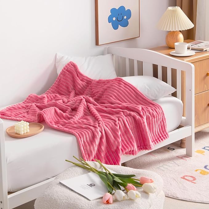 NTBAY Flannel Fuzzy Toddler Blanket, Fluffy Warm and Lightweight Reversible Stripes Design Baby Plush Blanket, 30x40 Inches, Coral Pink