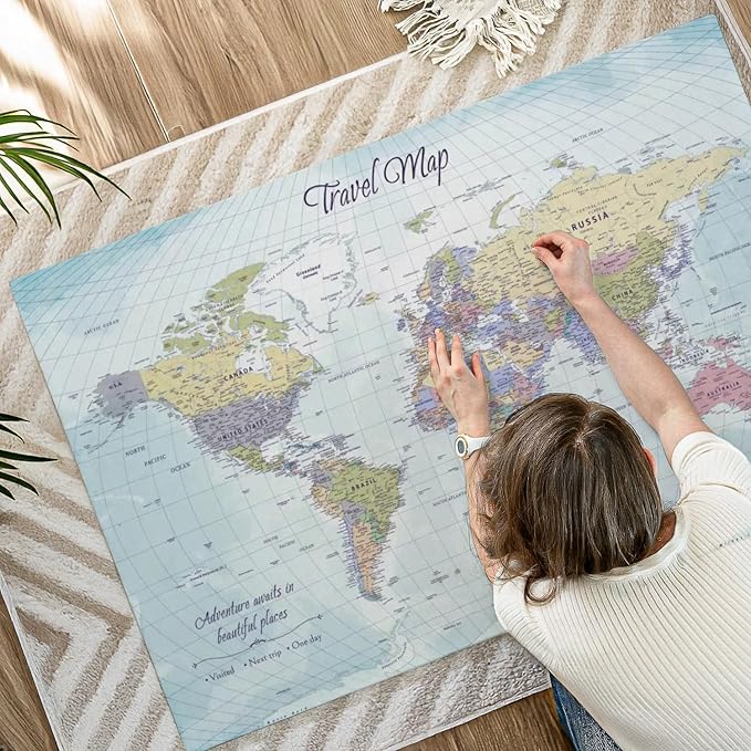 ElephantStock - Push Pin Travel Map World I Wall Art - Horizontal Canvas Wall Art - Living Room Wall Decor - Printmaking Map Canvas Art - Blue And Beige Decor - 51" x 34"