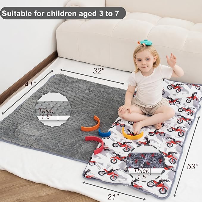 Viviland Toddler Nap Mat with Pillow and Minky Dot Blanket, Rolled Large Sleeping Mat for Boys, Kids Slumber Bag/Nap Mat for Preschool, Daycare, Kindergarten, Travel Camping - Cool Motocycle