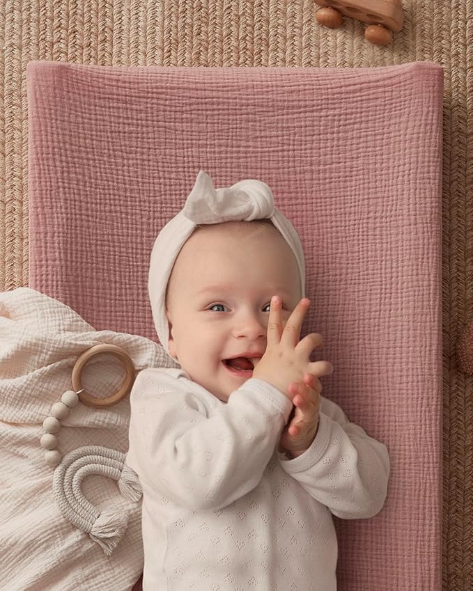 Blissful Diary Muslin Baby Changing Pad with Waterproof Lining Foam, Diaper Changing Table Pad with Cover for Dressers (Dusty Pink, Rectangular)