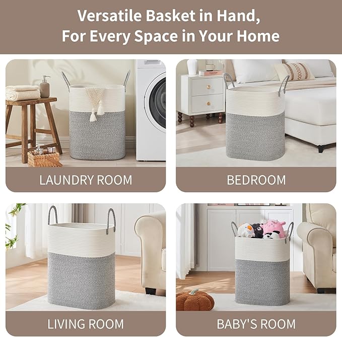 Laundry Basket with Handles - Blanket Basket & Hampers for Bedroom Aesthetic, Laundry Hamper & Blanket Storage for Living Room, Clothes Hamper, Tall, Large 17" x 14" x 24”, White & Grey