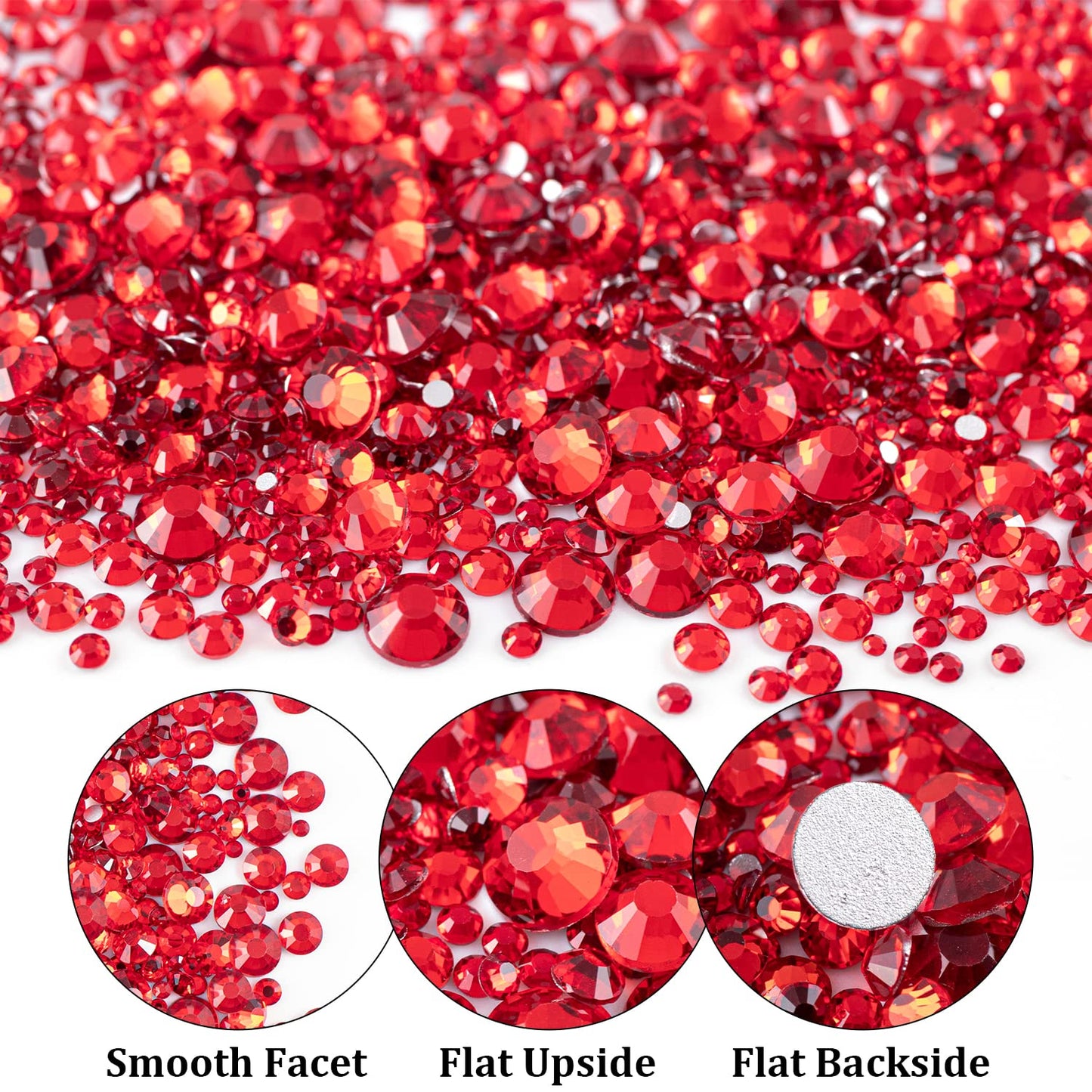 One Pack 2000 Pcs of Flatback Round Red Rhinestones 6 Sizes (1.5-6 mm) with Nail Art Rhinestone Picker Pencil and Tweezers for DIY and Salon Use