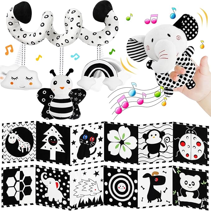 TSYAN High Contrast Baby Toys for Babies 0-6 Months, Black and White Baby Sensory Toys with Car Seat Toys,Infant Toys with Black White Book, Hanging Rattle Toys for Baby Gifts