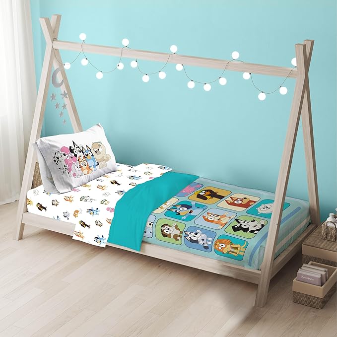 Sunny Side Up Bluey & Friends Toddler Comforter Set - 4 Piece Preschool Bedding Includes Comforter, Sheets & Pillow Cover - Super Soft Microfiber Bed Set