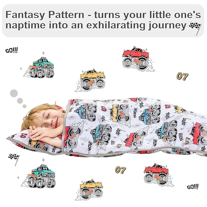 Viviland Toddler Nap Mat with Pillow and Minky Blanket,Rolled Large Sleeping Mat for Boys, Kids Slumber Bag Nap Mat for Preschool, Daycare, Kindergarten, Travel Camping - Monster Truck