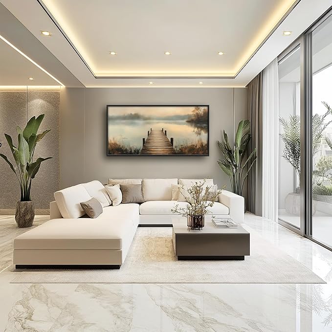 Olivine Large Wall Art, Retro Lake Pictures Wall Decor, Pier Painting, Nature Landscape Canvas Prints, Framed Artwork for Bathroom Bedroom Living Room Office Home Decoration 60"x30"