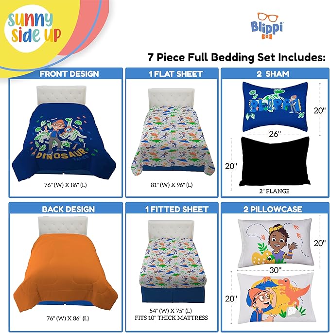 Sunny Side Up Kids Comforter Set Includes Sheets and Pillow Covers - Soft and Cozy Bed Set for Stylish Room Decor, Blue - Blippi, 7 Piece Full Bedding