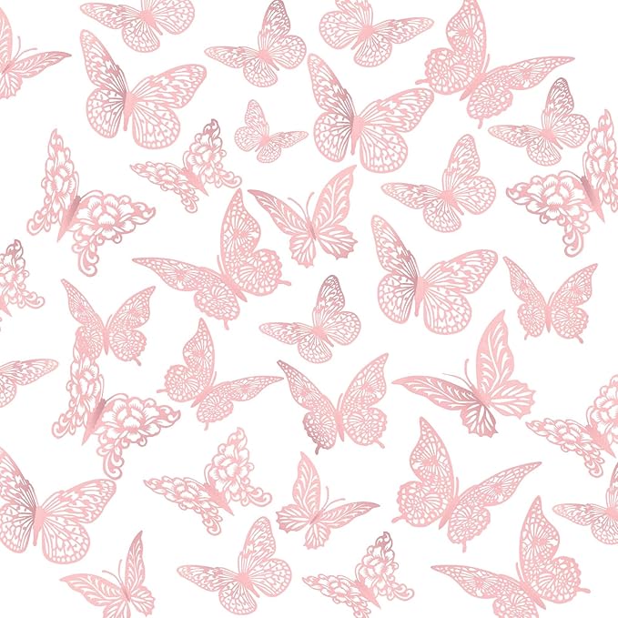 3D Gold Butterfly Wall Decor 3 Sizes 4 Styles Butterfly Party Decorations Cake Decorations Removable Stickers Wall Decor Room Mural Metallic Kids (Pink, 96Pcs)