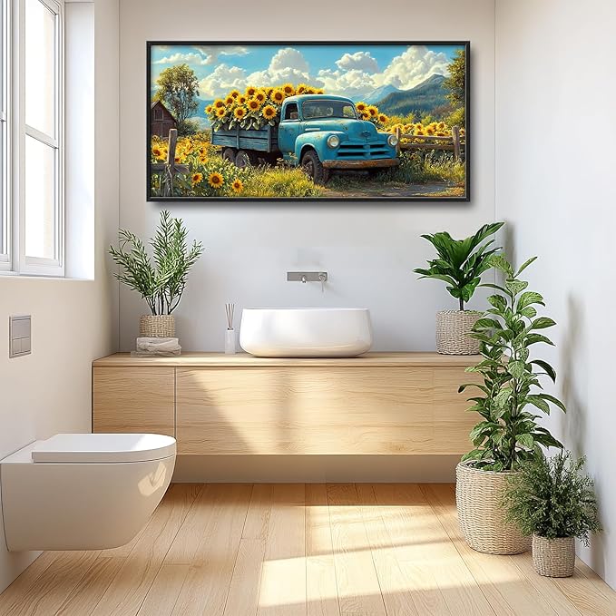 Olivine Large Wall Art, Sunflower Pictures Wall Decor, Farmhouse Sunflower Painting, Sunflowers Truck Canvas Prints, Framed Artwork for Living Room Bedroom Bathroom Office Home Decoration 60"x30"