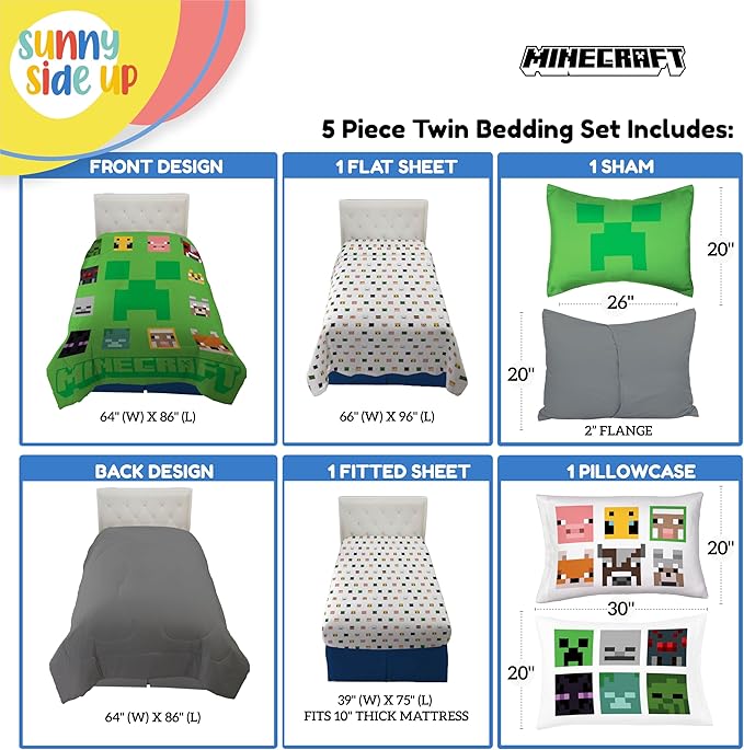 Sunny Side Up Minecraft Twin Comforter Set - 5 Piece Kids Bedding Includes Comforter, Sheets & Pillow Cover - Super Soft Gamer Microfiber Bed Set