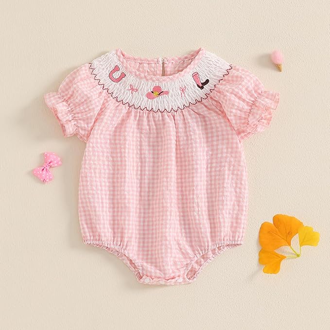 Baby Girl Smocked Western Romper Short Sleeve Bubble Rompers Summer Clothes Plaid Print Embroidery Bow Bodysuit Tops
