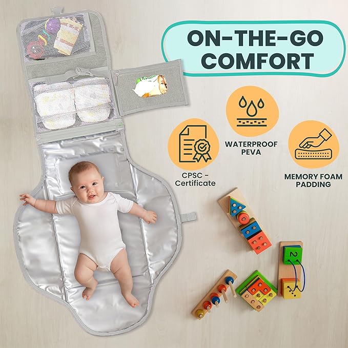 Portable Changing Pad for Baby, Travel Diaper Changing Pad for Newborn, Large Waterproof Baby Changing Mat, Foldable & Detachable Diaper Changing Station with Baby Wipes Pockets, Baby Stuff by Pillani