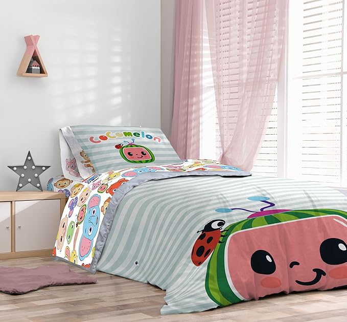 CoComelon Full Size Comforter Set - 7 Piece Kids Bedding Includes Comforter, Sheets & Pillow Cover - Super Soft Microfiber Animal Bed Set