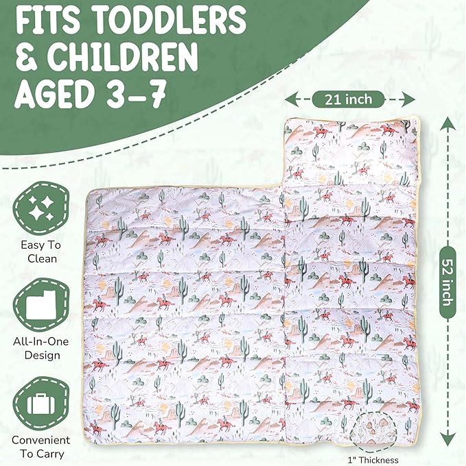 Morxy Toddler Nap Mat with Pillow & Blanket Large Portable Roll Up Nap Mats with Name Tag- Thick Kids Sleep Mat for Daycare, Preschool Travel and Camping for Age 3 and up