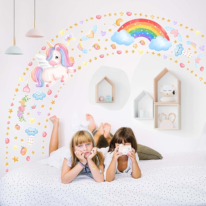 Large Unicorn and Rainbow Wall Decals Glow in The Dark, Cute Stars Stickers for Baby Girls Room, Luminous Ceiling Decor for Bedroom Playroom Nursery