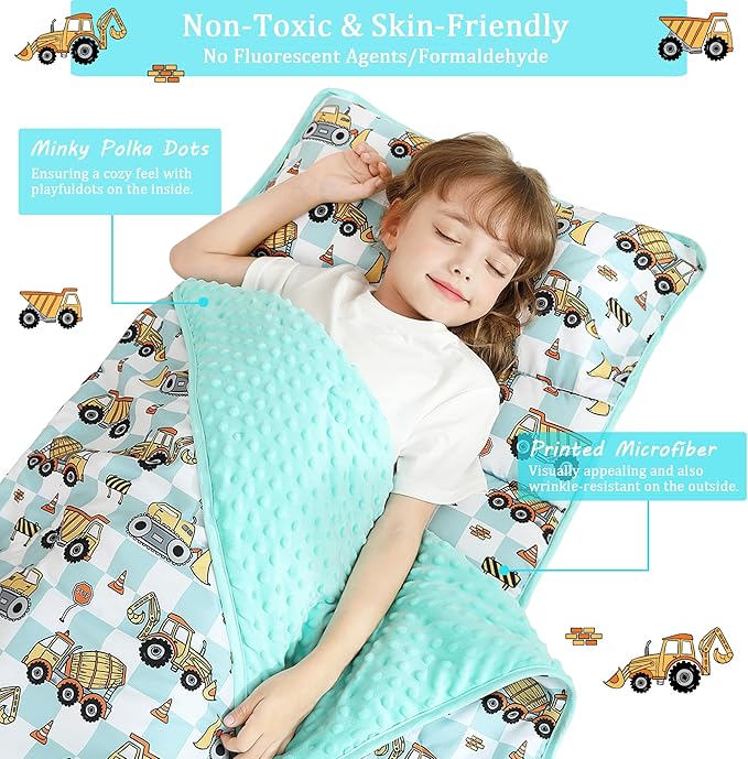 Toddler Nap Mat for Preschool 50''x30'' Sleeping Mat with Removable Pillow and Minky Blanket for Kids Ages 3-7 Roll Up Soft Sleeping Bag for Boys Girls Kindergarten Daycare Sleepover