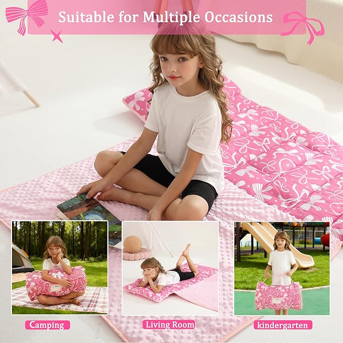 Toddler Nap Mat for Preschool 50''x30'' Sleeping Mat with Removable Pillow and Minky Blanket for Kids Ages 3-7 Roll Up Soft Sleeping Bag for Boys Girls Kindergarten Daycare Sleepover
