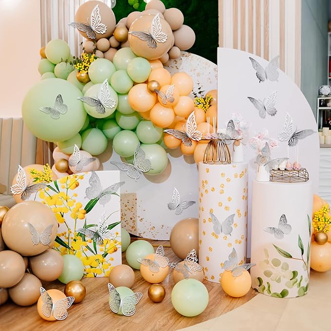 3D Gold Butterfly Wall Decor 3 Sizes 4 Styles Butterfly Party Decorations Cake Decorations Removable Stickers Wall Decor Room Mural Metallic Kids (Silver, 96Pcs)