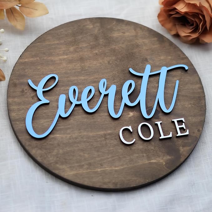 Custom Round Nusery Name Sign, Personalized 3D Baby Name Announcement Sign, Personalized Wooden Wall Plaque, 3D Wall Art for Children & Kids Rooms, Family Name Signs, 30 Colors (Design 7)