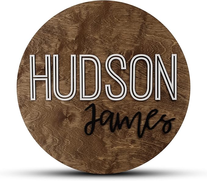 Custom Round Nursery Name Sign, Personalized Wooden Wall Plaque, 12" 18" 24", 30" 3D Wall Art for Children & Kids Rooms, Baby Shower, Hickory Hollow Designs (Hudson James)