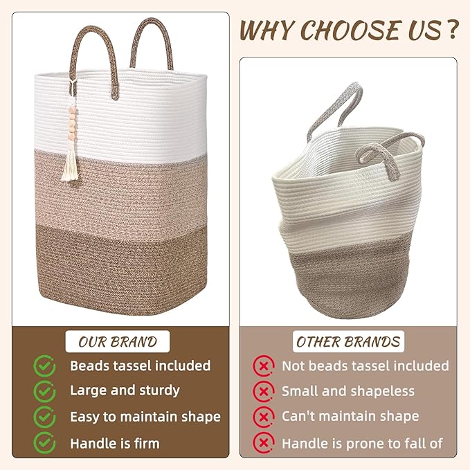 Woven Laundry Basket for Clothes,65 L Large Rectangle Laundry Hampers with Beads Tassel, Nursery Storage Basket for Toys, Tall Dirty Clothes Hamper for Bedroom Aesthetic, Laundry Room Organization