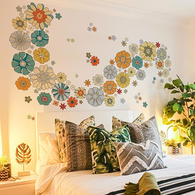 Boho Retro Flower Wall Decal - Retro Floral Decor Stickers,Peel and Stick Bohemian Style Flowers Decals for Kids Bedroom Nursery Playroom Living Room and Bedroom Wall Decorations