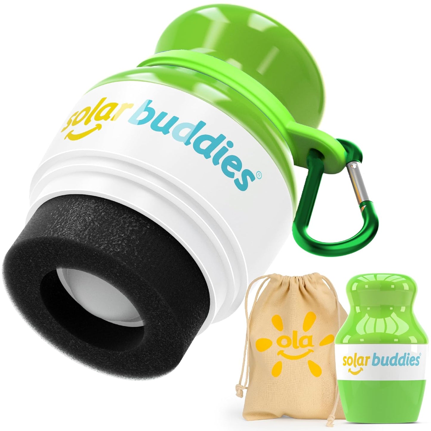 Solar Buddies Bag Bundle & Carabina Clip - Full Green - Refillable Roll on Sponge Sunscreen, Suncream & Lotion Applicator For Kids, Adults & Families - Holds 3.4fl oz, Perfect Size for Travel