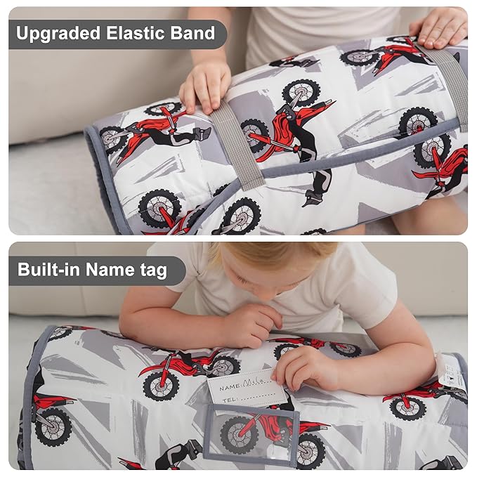 Viviland Toddler Nap Mat with Pillow and Minky Dot Blanket, Rolled Large Sleeping Mat for Boys, Kids Slumber Bag/Nap Mat for Preschool, Daycare, Kindergarten, Travel Camping - Cool Motocycle