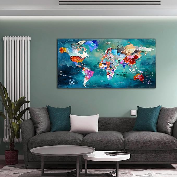 ZHAOSHOP World Map Canvas Wall Art for Living Room - Teal Wall Decor - Office Artwork Wall Decor Ready to Hang Size 29" x 59"