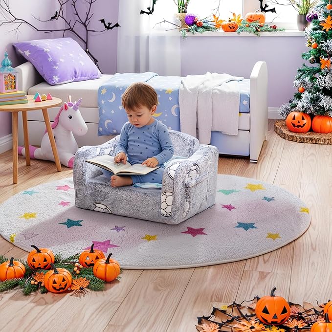 Lamerge 2-in-1 Toddler Couch,Glow in The Dark Baby Floor Bed,Foldable Toddler Chair Kids Sofa for playroom,Convertible Sofa to Lounger for Girls and Boys (Grey and Football)