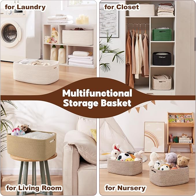 OIAHOMY Storage Basket for Shelves, Closet Cube Storage Bins Baskets for Clothes Blanket Towels, Baby Nursery, Toy Baskets Box, Woven Rope Basket, 15.75*11.81*7.09 IN, 2 Packs Mixed Pink